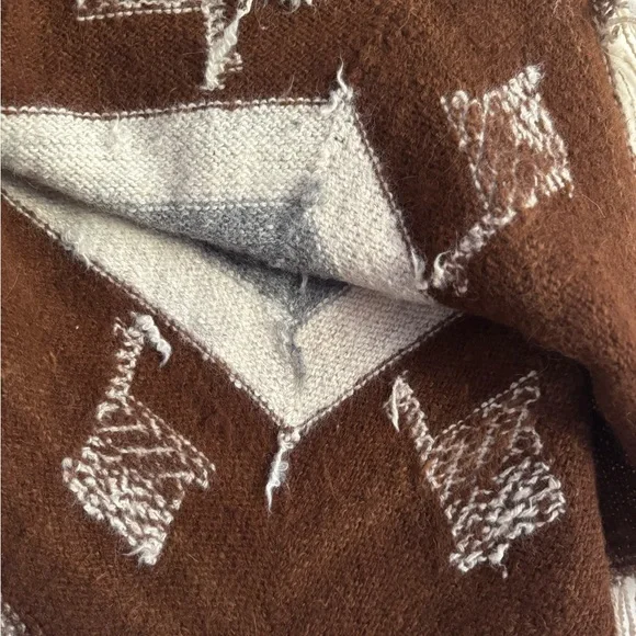 Vintage Handmade Alpaca/Wool Poncho – Brown, Cream & Gray with Fringe - Picture 3 of 3